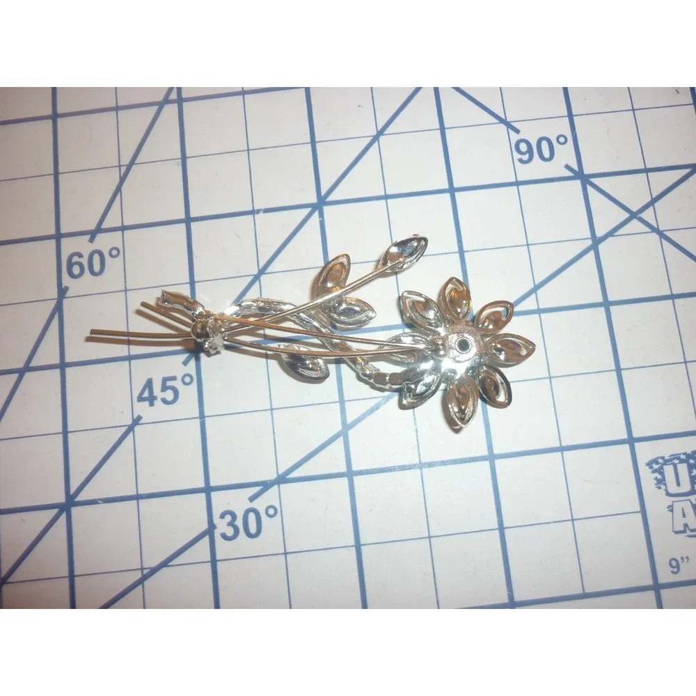 Vintage Clear Rhinestone Flower Spray Brooch Silver Tone Marquise Floral Pin